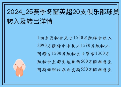 2024_25赛季冬窗英超20支俱乐部球员转入及转出详情