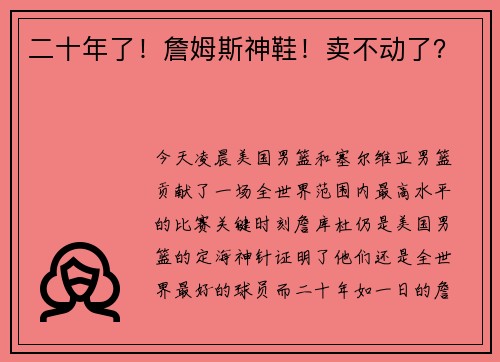 二十年了！詹姆斯神鞋！卖不动了？