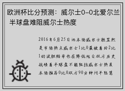 欧洲杯比分预测：威尔士0-0北爱尔兰 半球盘难阻威尔士热度
